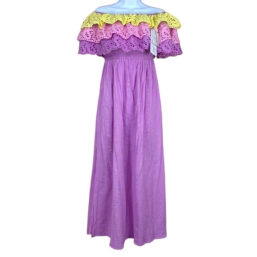 NEW Sundress Ruffle Lace Maxi Dress Pastel Strapless Purple Pink Yellow Vibrant